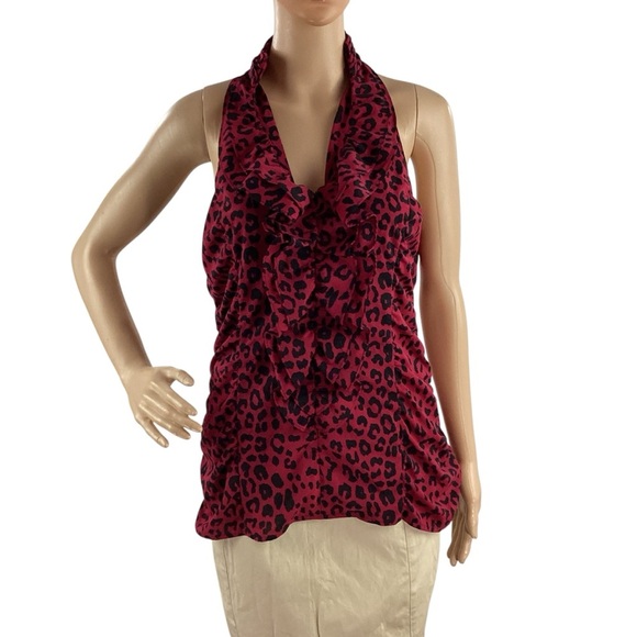 Express Leopard Print Sleeveless Halter Top Red Black Size M - Picture 1 of 7